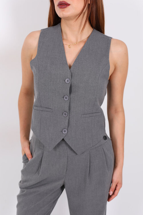 Keten Görünümlü Düğmeli Antrasit Kadın Yelek - Berox (1)