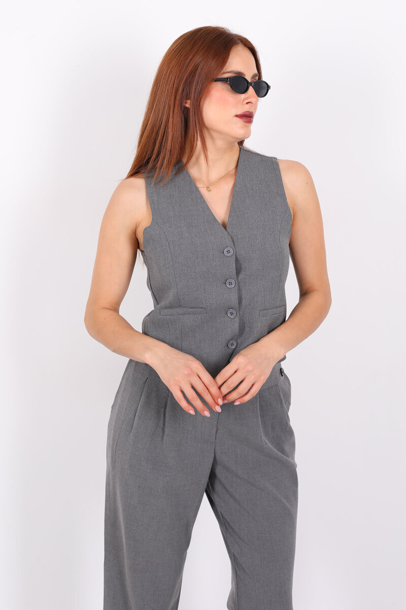 Keten Görünümlü Düğmeli Antrasit Kadın Yelek - 1