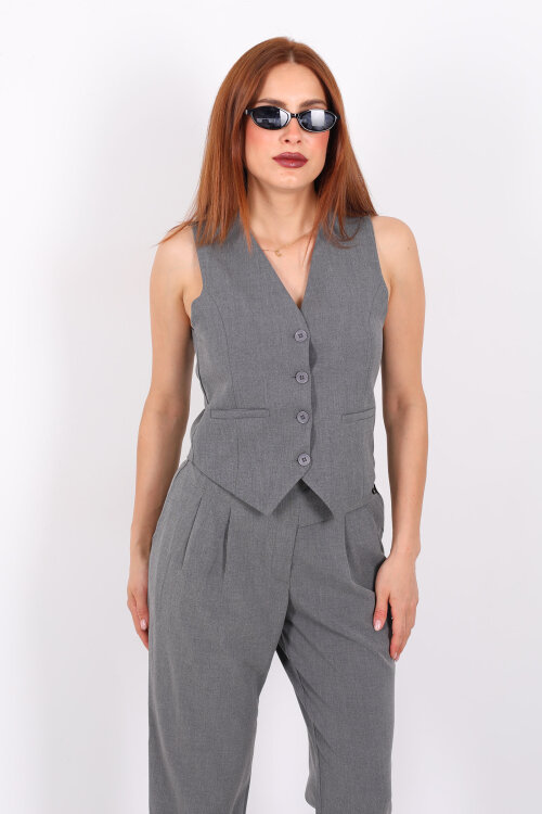 Keten Görünümlü Düğmeli Antrasit Kadın Yelek - 6