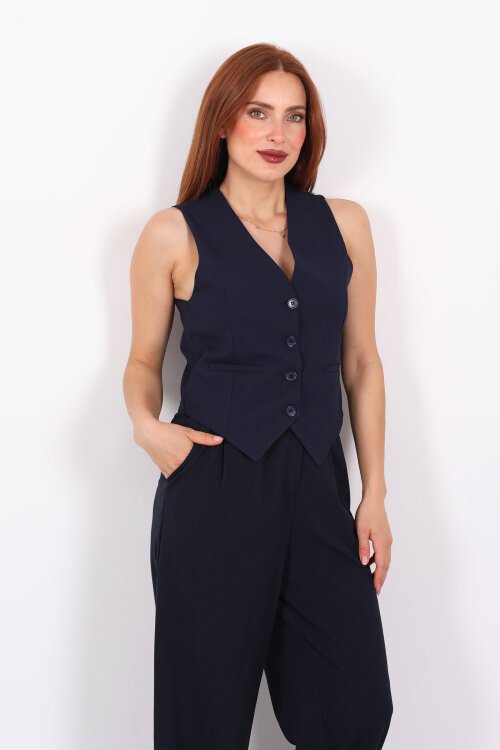 Keten Görünümlü Düğmeli Lacivert Kadın Yelek - 6