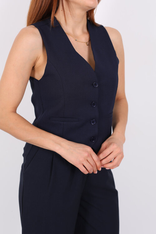 Keten Görünümlü Düğmeli Lacivert Kadın Yelek - Berox (1)