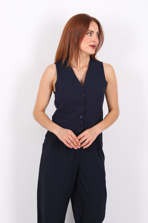 Keten Görünümlü Düğmeli Lacivert Kadın Yelek - 3
