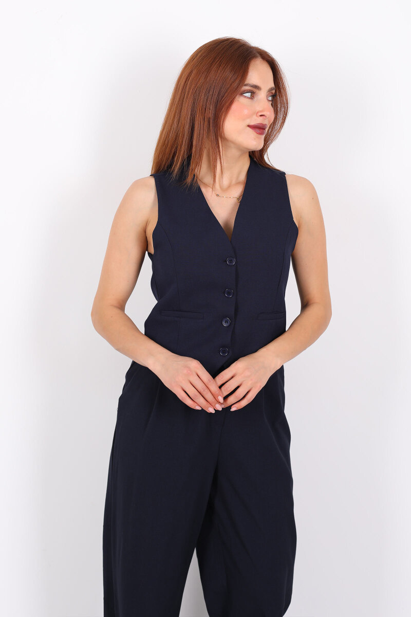 Keten Görünümlü Düğmeli Lacivert Kadın Yelek - 3