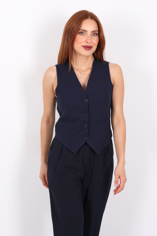 Keten Görünümlü Düğmeli Lacivert Kadın Yelek - 4