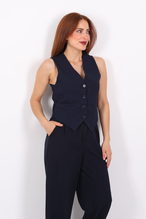 Keten Görünümlü Düğmeli Lacivert Kadın Yelek - Berox