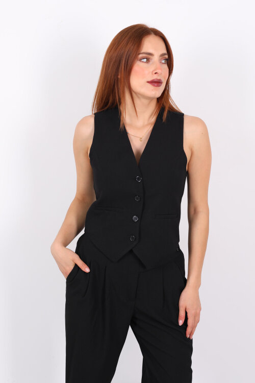 Keten Görünümlü Düğmeli Siyah Kadın Yelek - 3