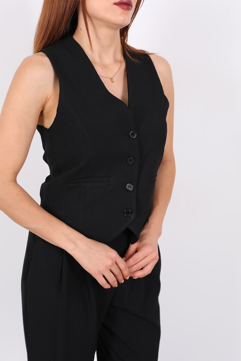 Keten Görünümlü Düğmeli Siyah Kadın Yelek - 2