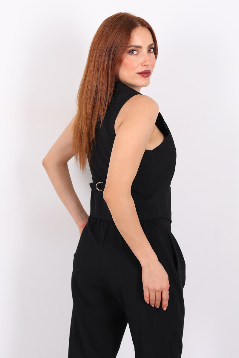 Keten Görünümlü Düğmeli Siyah Kadın Yelek - 4