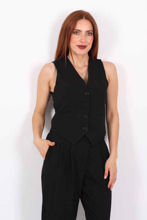 Keten Görünümlü Düğmeli Siyah Kadın Yelek - Berox