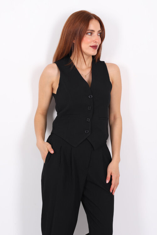 Keten Görünümlü Düğmeli Siyah Kadın Yelek - 5