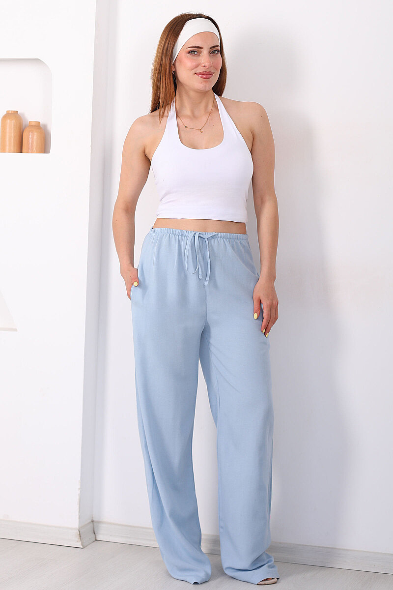 Keten Karışımlı Beli Bağlamalı Bebe Mavi Kadın Pantolon - 1