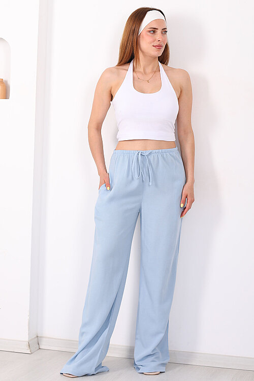 Keten Karışımlı Beli Bağlamalı Bebe Mavi Kadın Pantolon - 3