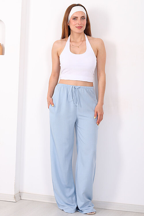 Keten Karışımlı Beli Bağlamalı Bebe Mavi Kadın Pantolon - 5