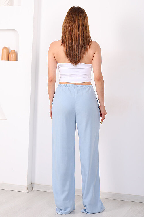 Keten Karışımlı Beli Bağlamalı Bebe Mavi Kadın Pantolon - 4