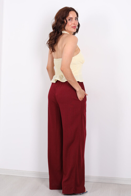 Keten Karışımlı Beli Bağlamalı Bordo Kadın Pantolon - 4
