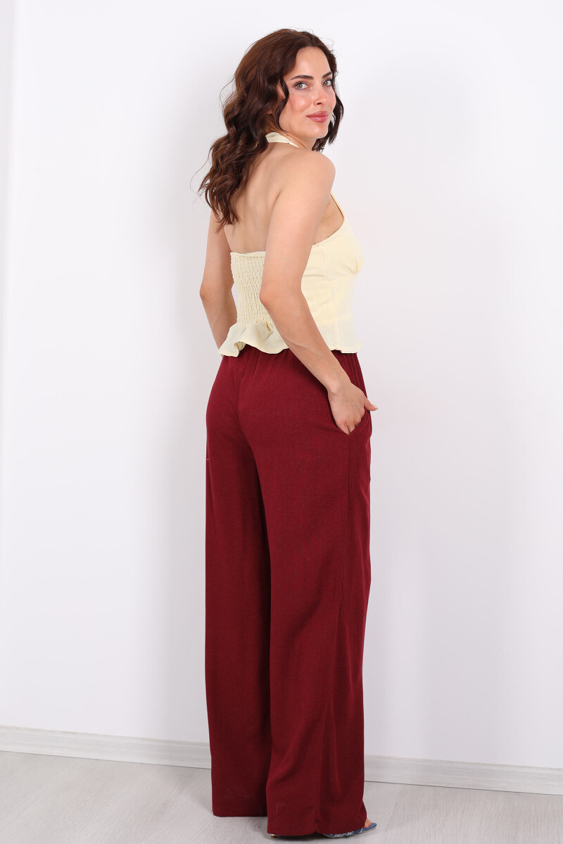 Keten Karışımlı Beli Bağlamalı Bordo Kadın Pantolon - 4