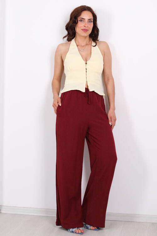 Keten Karışımlı Beli Bağlamalı Bordo Kadın Pantolon - 3