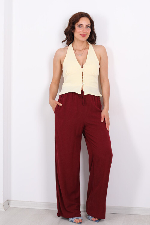 Keten Karışımlı Beli Bağlamalı Bordo Kadın Pantolon - 5