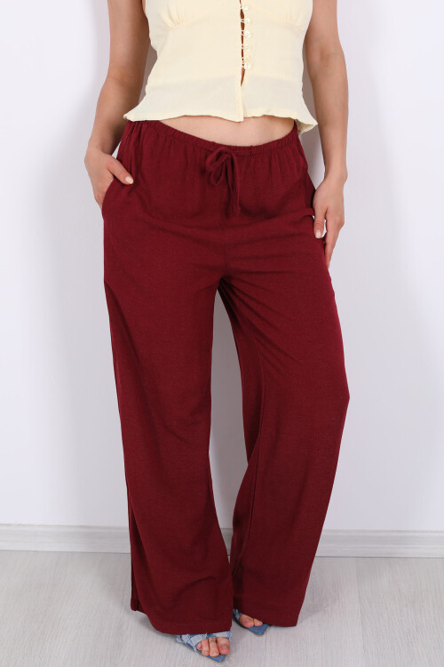 Keten Karışımlı Beli Bağlamalı Bordo Kadın Pantolon - 2
