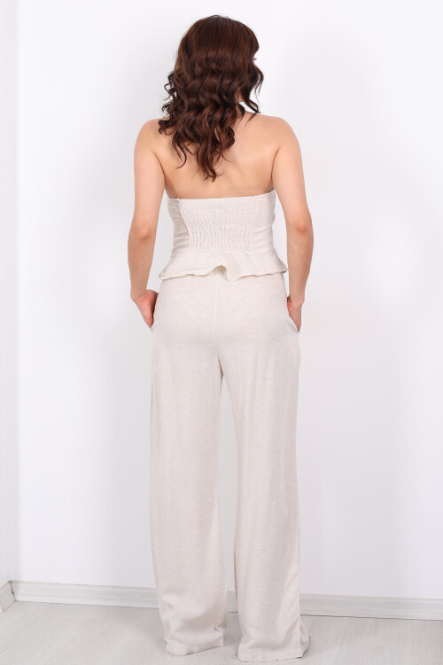 Keten Karışımlı Beli Bağlamalı Boru Paça Taş Rengi Kadın Pantolon - 4