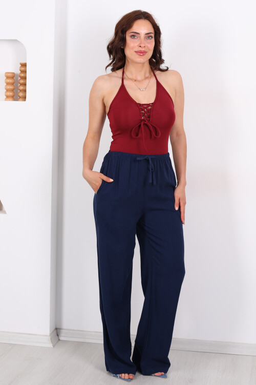 Keten Karışımlı Beli Bağlamalı Lacivert Kadın Pantolon - 5