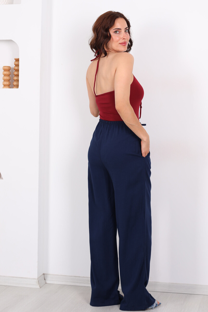 Keten Karışımlı Beli Bağlamalı Lacivert Kadın Pantolon - 4