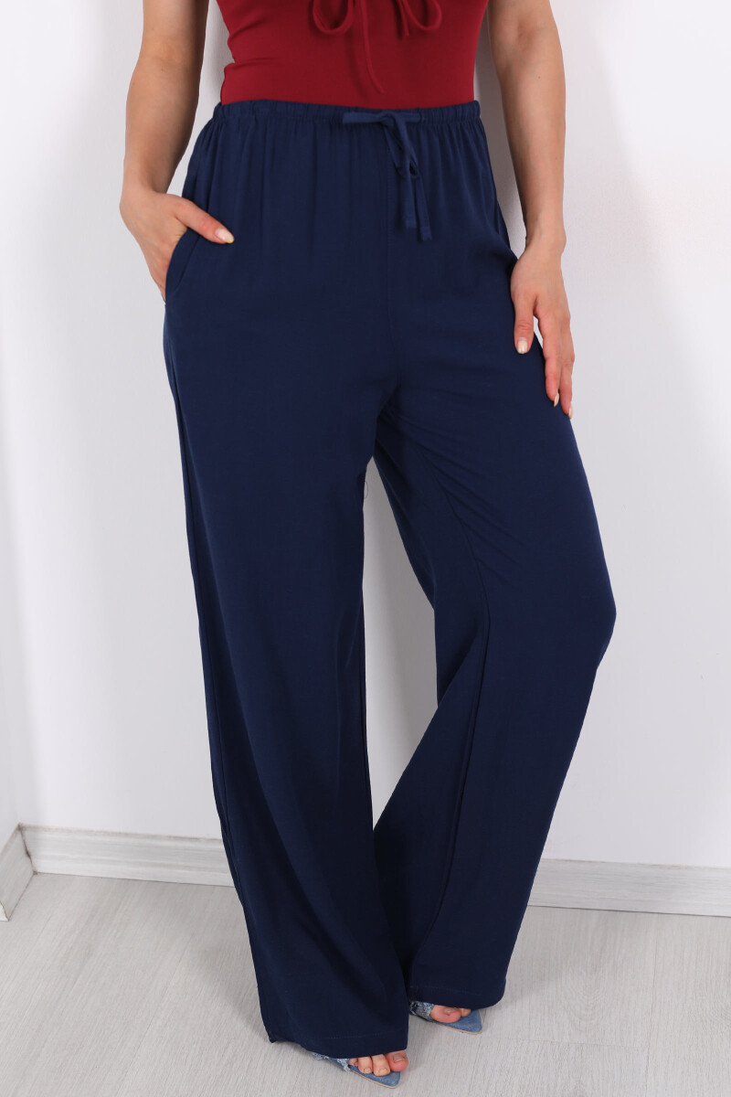 Keten Karışımlı Beli Bağlamalı Lacivert Kadın Pantolon - 2