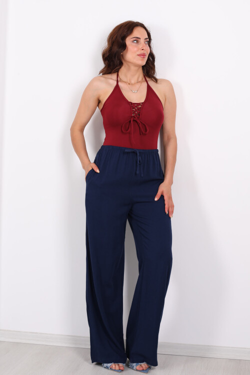 Keten Karışımlı Beli Bağlamalı Lacivert Kadın Pantolon - 3