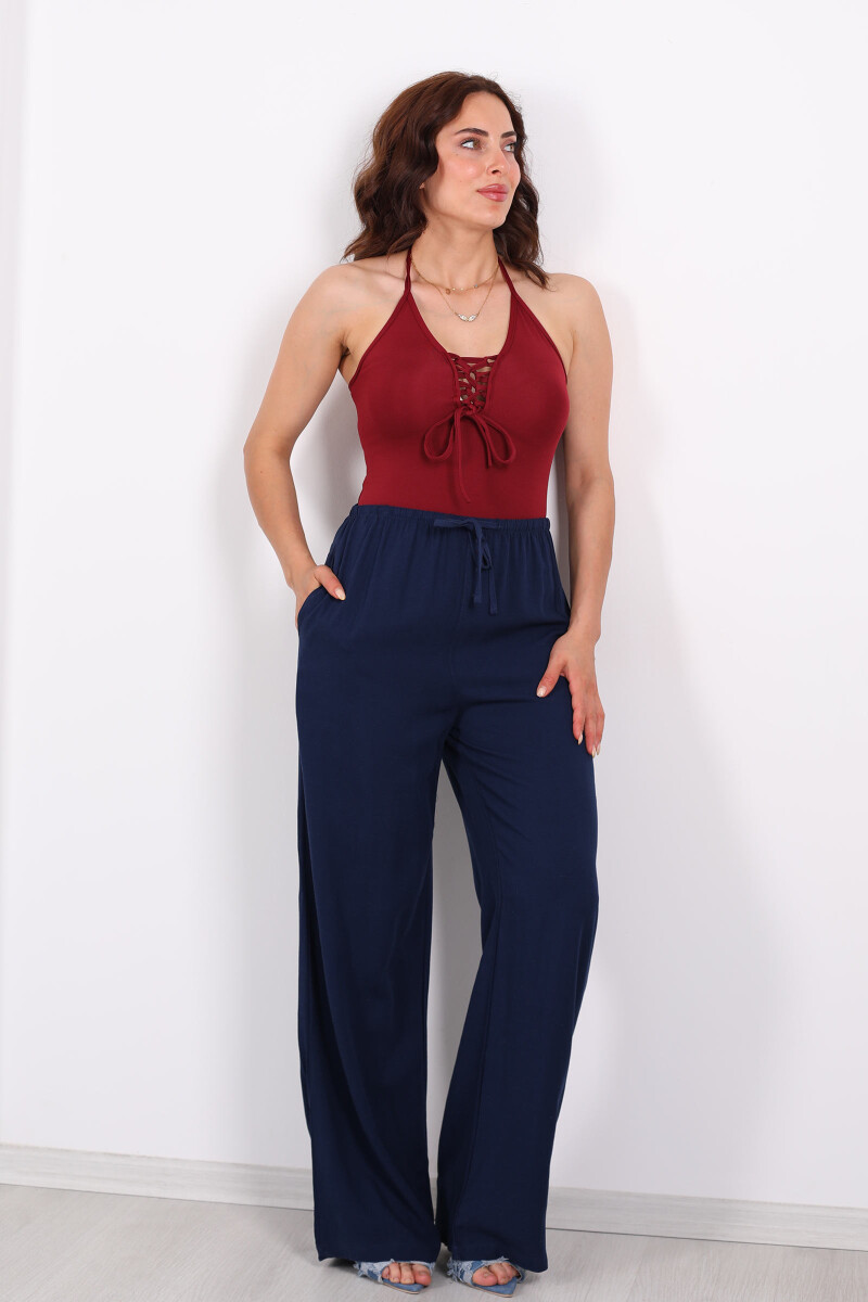 Keten Karışımlı Beli Bağlamalı Lacivert Kadın Pantolon - 3