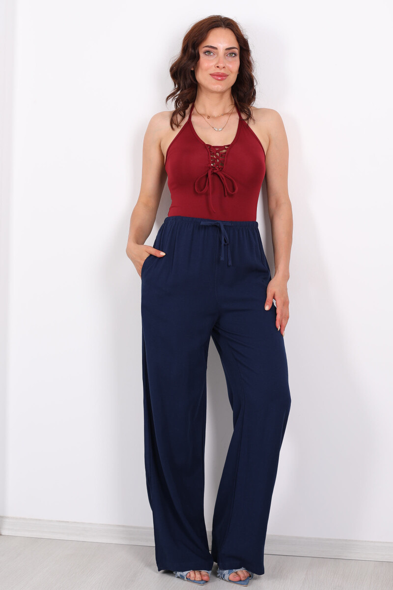 Keten Karışımlı Beli Bağlamalı Lacivert Kadın Pantolon - 1