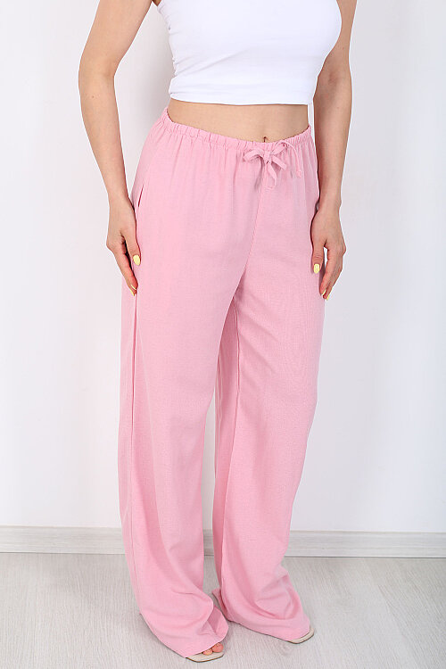 Keten Karışımlı Beli Bağlamalı Pembe Kadın Pantolon - 2