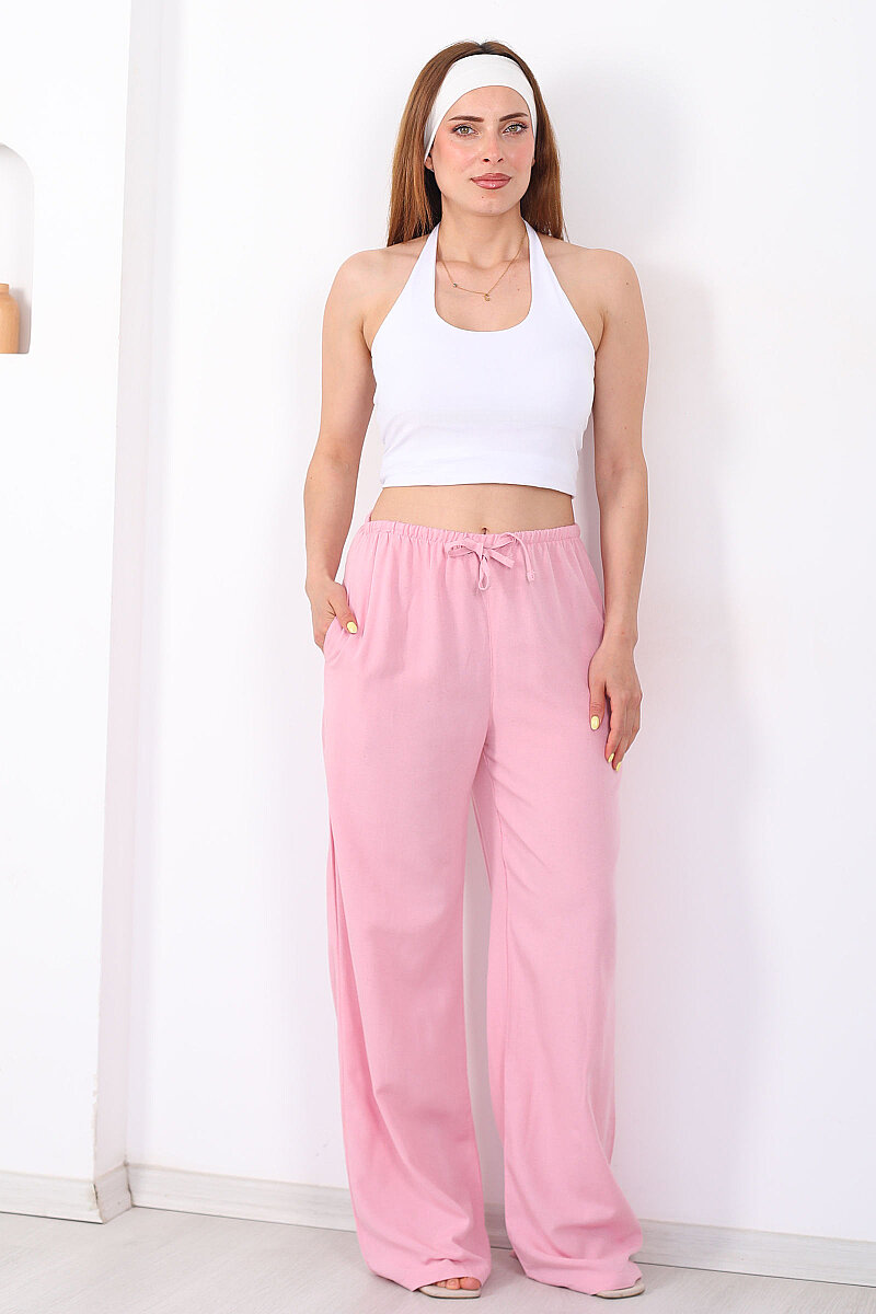 Keten Karışımlı Beli Bağlamalı Pembe Kadın Pantolon - 5