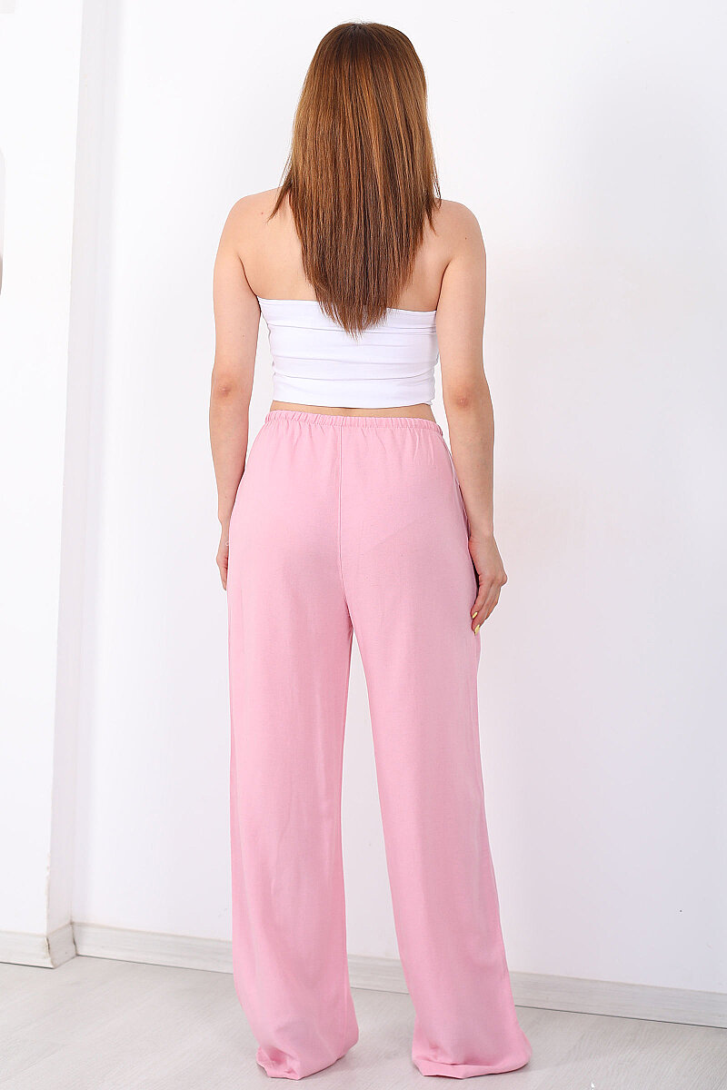 Keten Karışımlı Beli Bağlamalı Pembe Kadın Pantolon - 4
