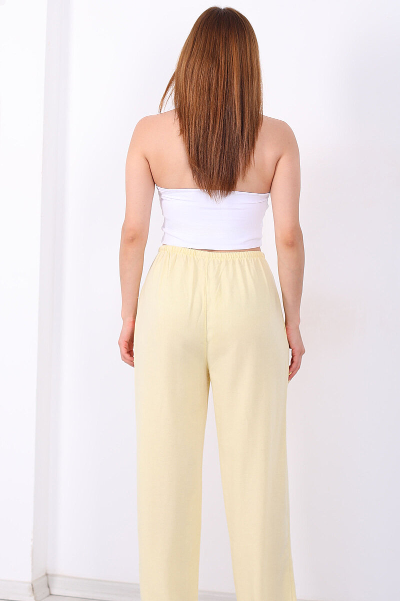 Keten Karışımlı Beli Bağlamalı Sarı Kadın Pantolon - 3