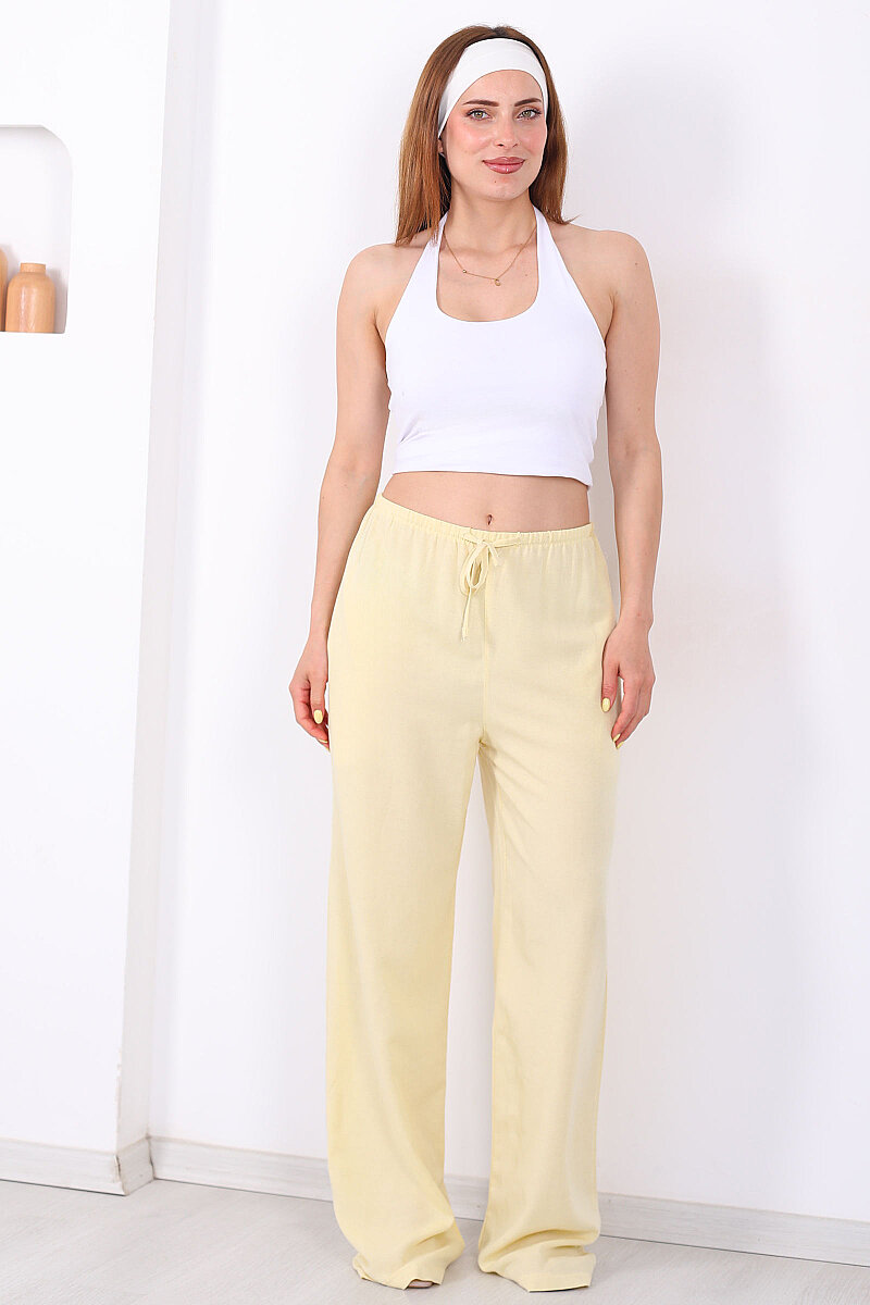 Keten Karışımlı Beli Bağlamalı Sarı Kadın Pantolon - 4