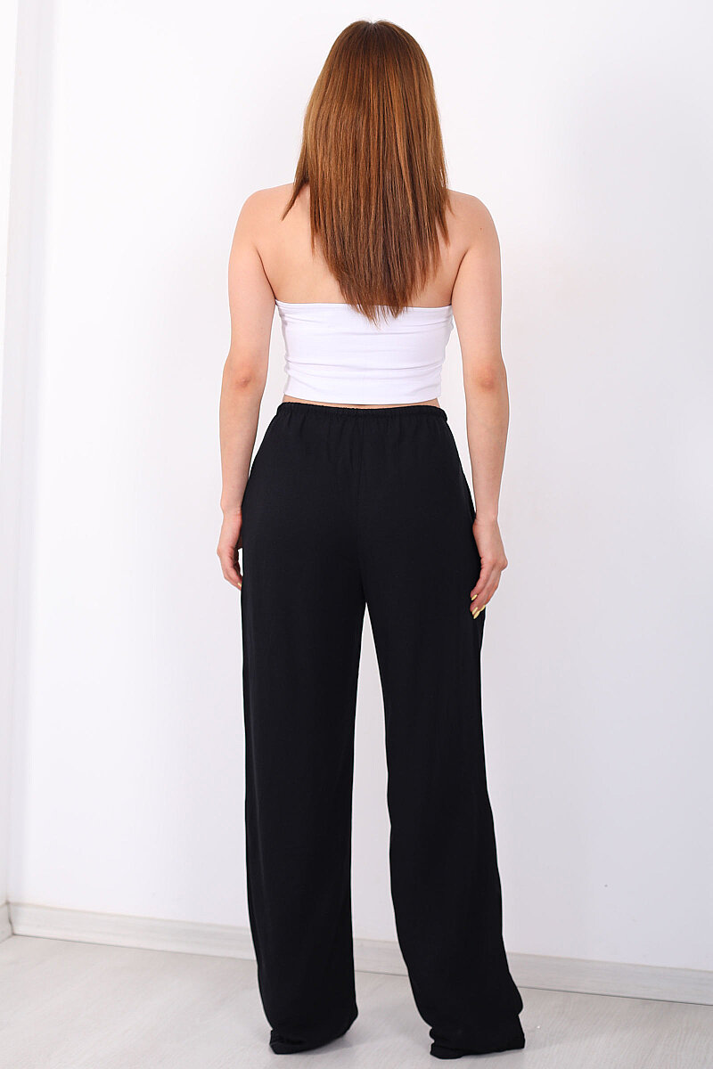 Keten Karışımlı Beli Bağlamalı Siyah Kadın Pantolon - 4