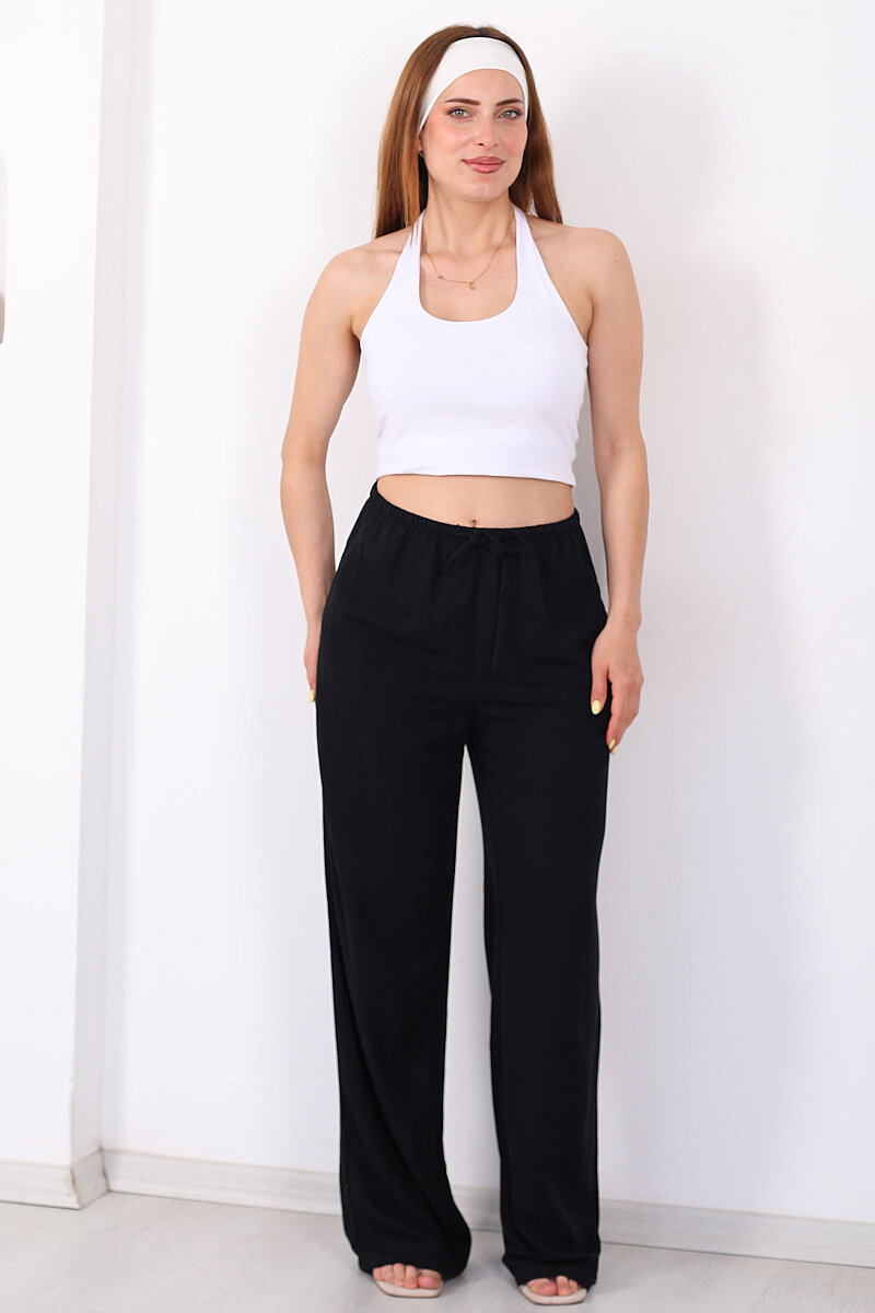 Keten Karışımlı Beli Bağlamalı Siyah Kadın Pantolon - 5