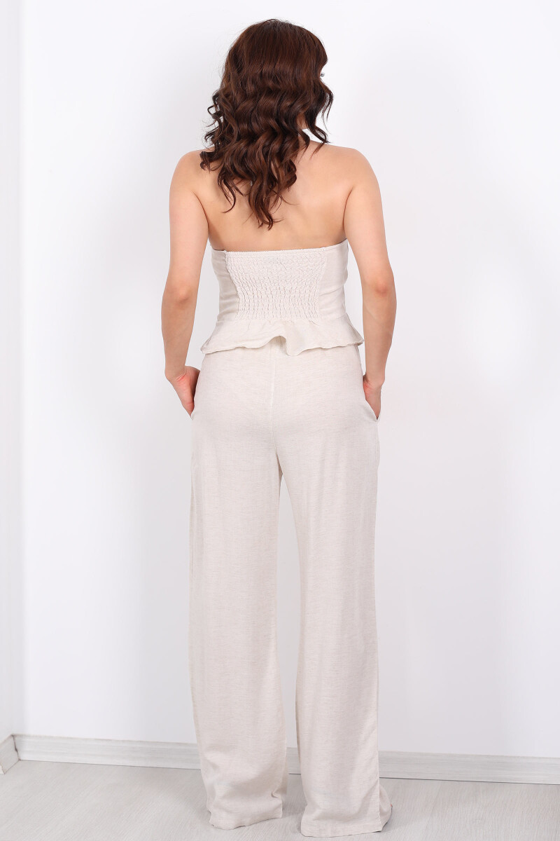 Keten Karışımlı Beli Bağlamalı Taş Rengi Kadın Pantolon - 4