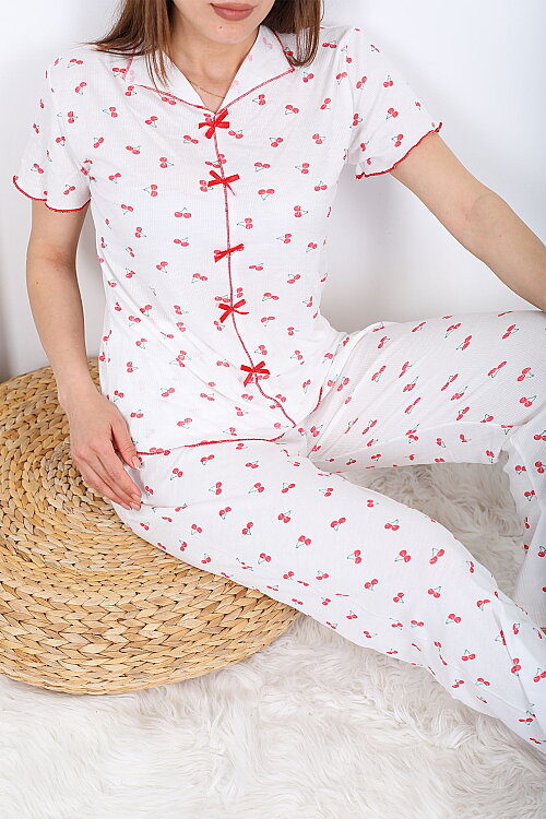 Kiraz Desenli Fiyonklu Kırmızı Kadın Pijama Takımı - Berox (1)
