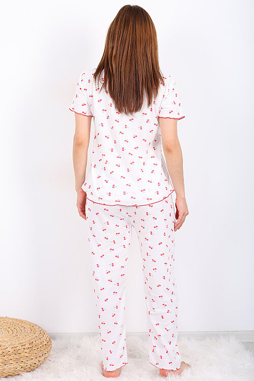 Kiraz Desenli Fiyonklu Kırmızı Kadın Pijama Takımı - 5