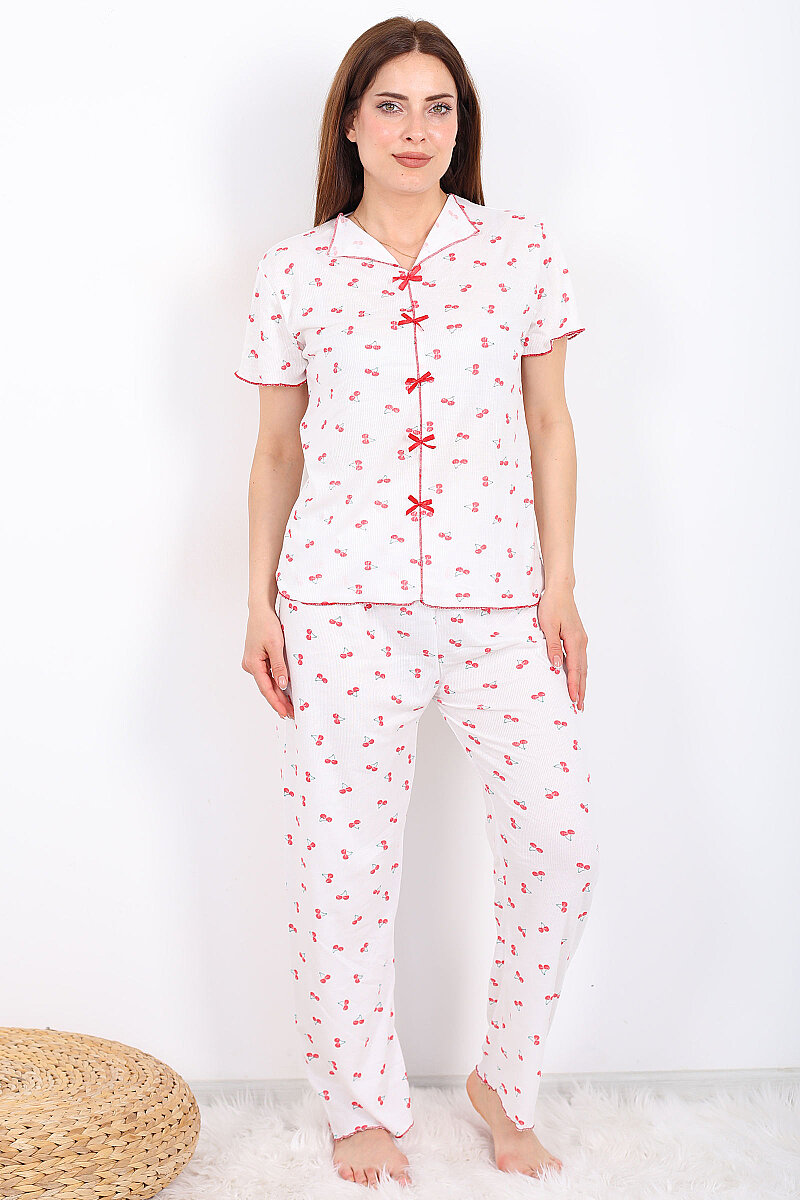 Kiraz Desenli Fiyonklu Kırmızı Kadın Pijama Takımı - 4
