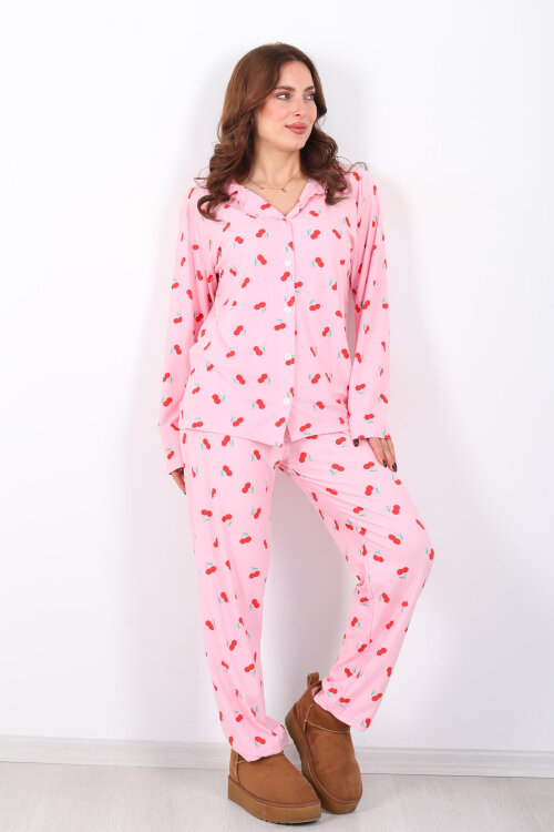 Kiraz Desenli Pembe Kadın Gömlek Pijama Takım - Berox