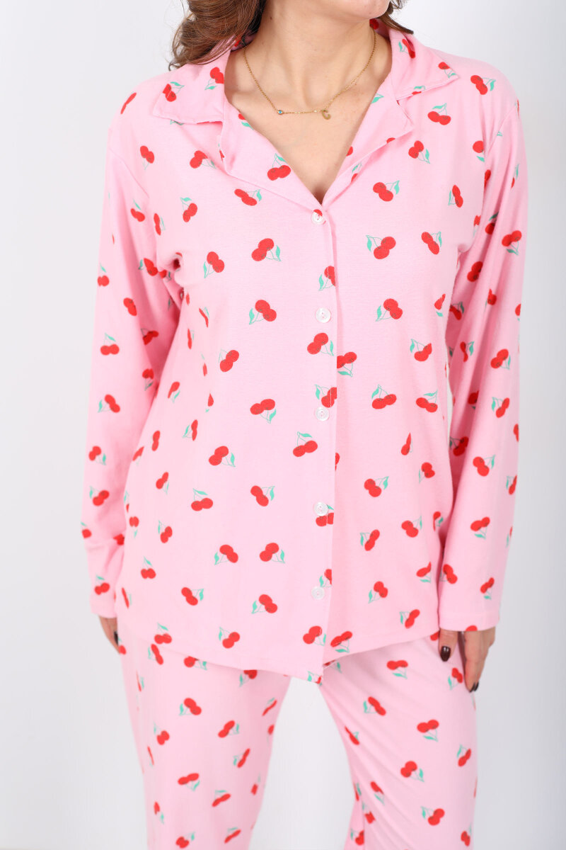 Kiraz Desenli Pembe Kadın Gömlek Pijama Takım - 2
