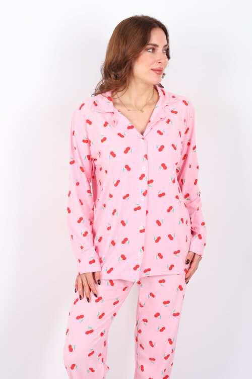 Kiraz Desenli Pembe Kadın Gömlek Pijama Takım - 3