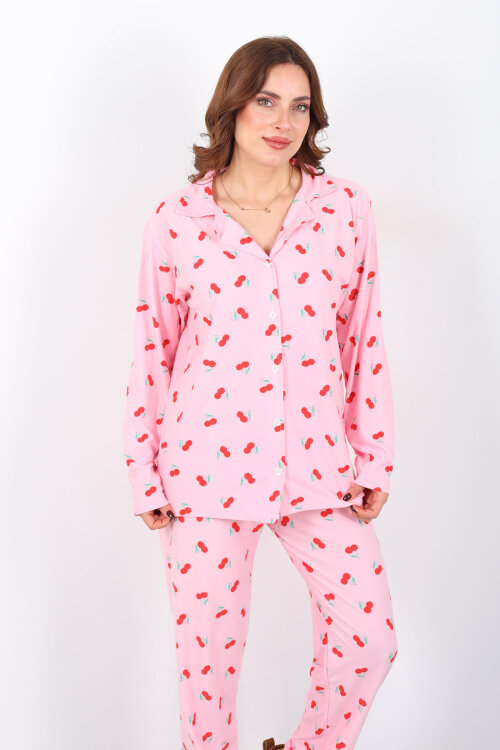 Kiraz Desenli Pembe Kadın Gömlek Pijama Takım - 6