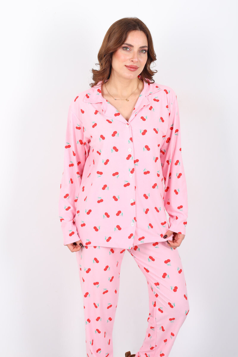 Kiraz Desenli Pembe Kadın Gömlek Pijama Takım - 6
