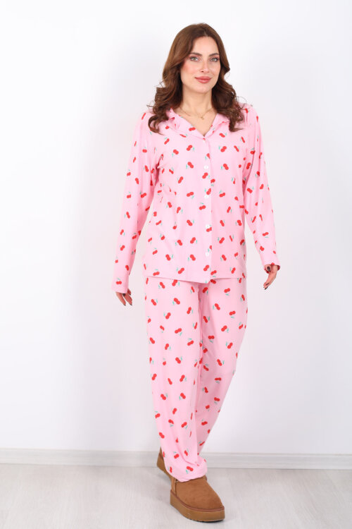 Kiraz Desenli Pembe Kadın Gömlek Pijama Takım - 4
