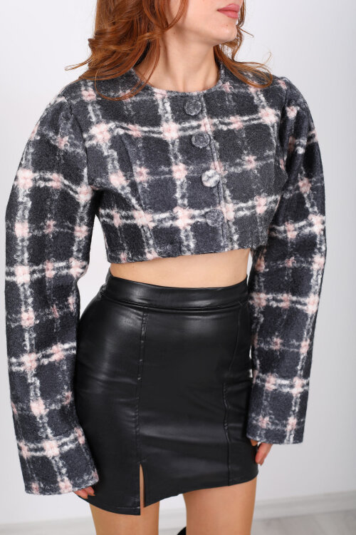 Kırçıl Desenli Düğmeli Gri Kadın Crop Ceket - Berox (1)