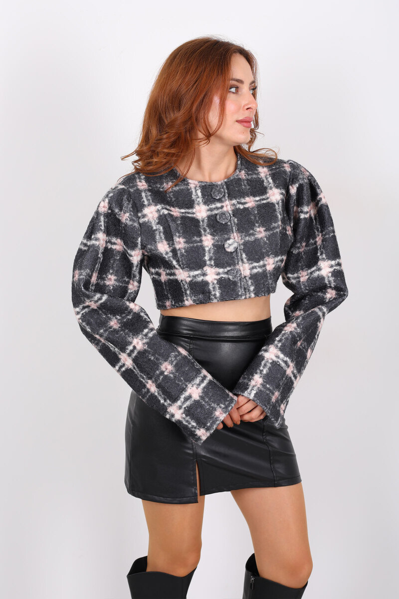 Kırçıl Desenli Düğmeli Gri Kadın Crop Ceket - 1