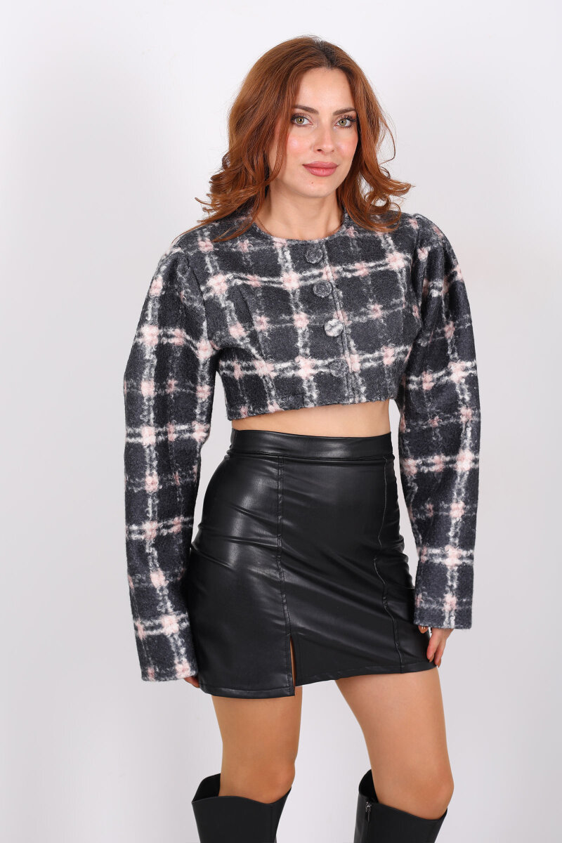 Kırçıl Desenli Düğmeli Gri Kadın Crop Ceket - 6